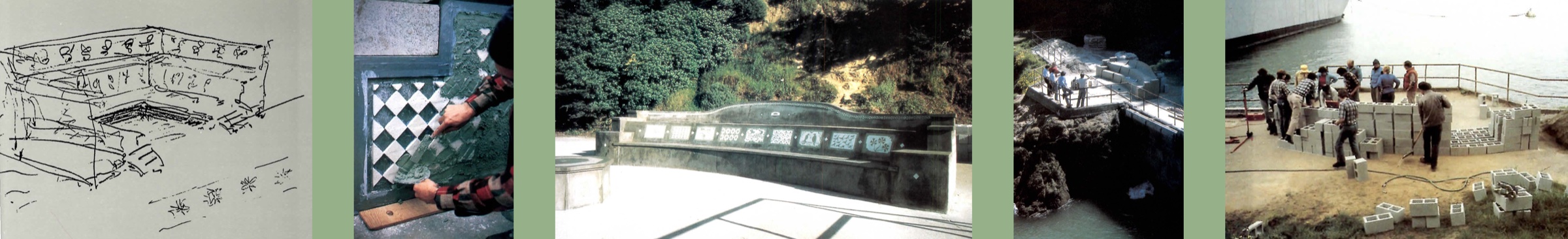 A collage of the Fort Mason bench: Alexander’s sketch, hand-setting the checkerboard tile, the finished bench, and the 1984 workshop construction.