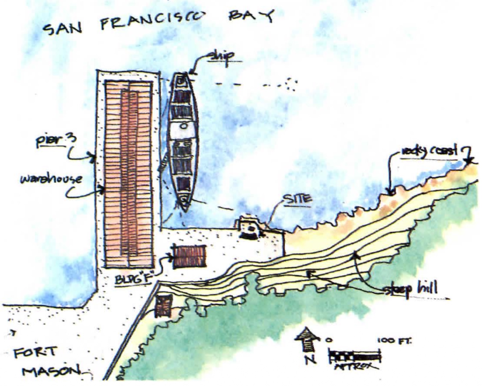 Hand-drawn site sketch of the bench’s location on San Francisco Bay at Fort Mason.